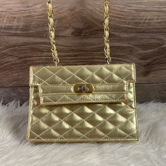 Gold Metallic Quilted Evening Bag with Goldtone Chain - Picture 2 of 11